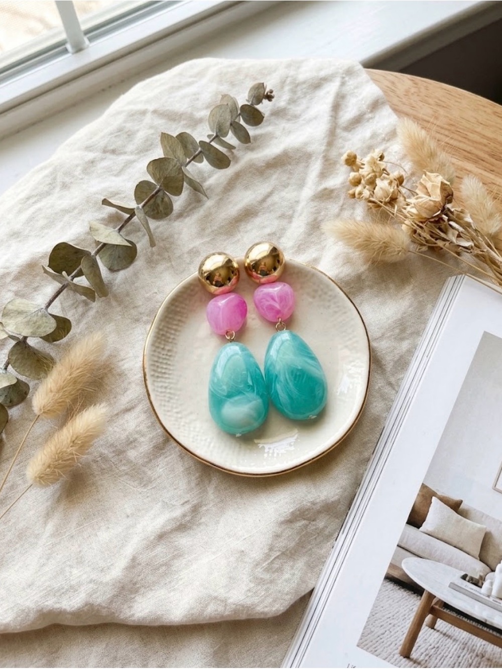 Gold, Pink & Teal Drop Earrings - Fashion Women Accessories - Picture 3 of 4